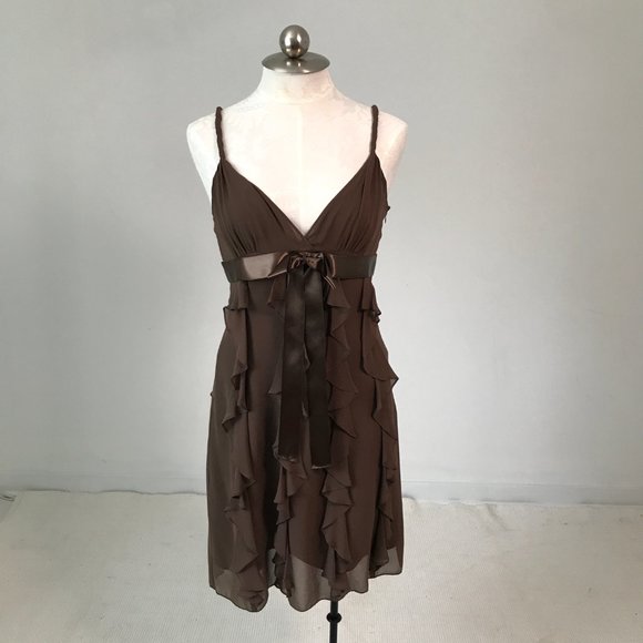 BCBGMaxAzria 6 Silk Ruffle Babydoll Dress Brown - Picture 2 of 9